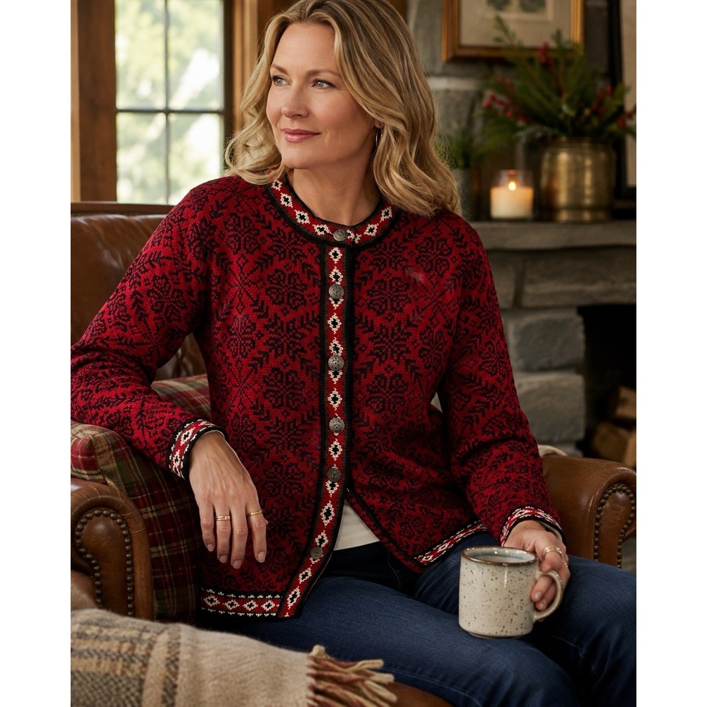 LL Bean Nordic Cardigan Women Sweater M Fair Isle SKI Cotton Metal Buttons NWOT